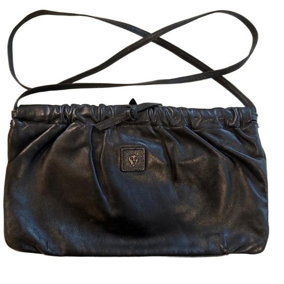 Anne Klein Handbags - Vintage ANNE KLEIN by Calderon Black Leather Handbag Clutch Gathered Snap Top